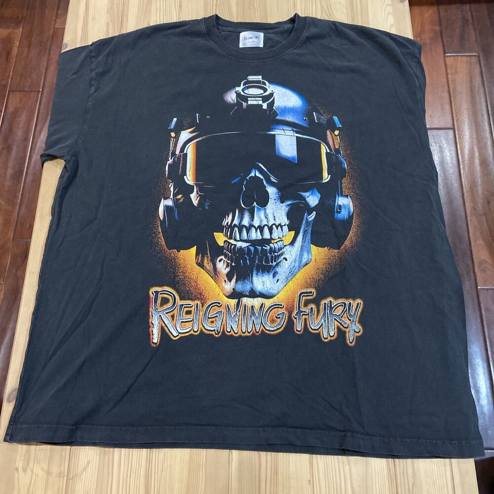 Reigning Fury T-Shirt Men Black Urban Crewneck Size XL Skull Pilot Fighter Pilot